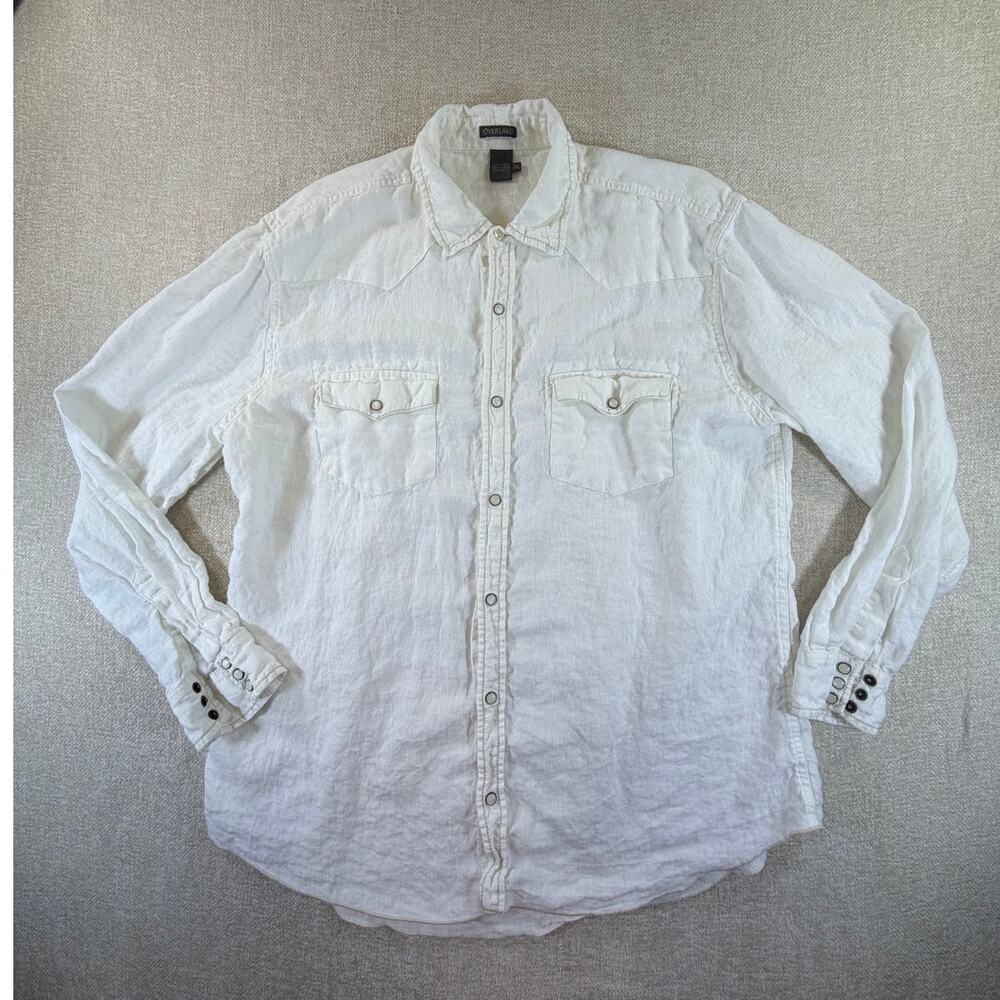 Overland Men 2XL Cream 100% Linen Long Sleeve Pearl Snap Western Cowboy Shirt